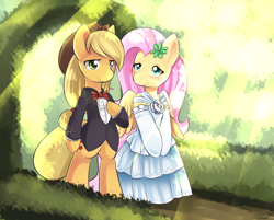 Size: 850x683 | Tagged: safe, artist:ende26, character:applejack, character:fluttershy, species:earth pony, species:pegasus, species:pony, ship:appleshy, bipedal, blushing, clothing, crepuscular rays, dress, female, lesbian, shipping, suit, wedding, wedding dress