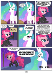 Size: 800x1109 | Tagged: safe, artist:mister-saugrenu, character:pinkie pie, character:princess celestia, auntie pinkie knows all, bodysuit, comedy, comic, glare, grin, hinting, hoof hold, jumping, lidded eyes, missing accessory, princess celestia hates tea, sitting, smiling, smirk, underhoof, wide eyes