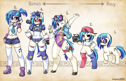 Size: 1600x1035 | Tagged: safe, artist:shepherd0821, character:dj pon-3, character:vinyl scratch, species:anthro, species:human, species:pony, species:unguligrade anthro, anthro chart, anthro with ponies, belly button, bipedal, boombox, bubblegum, cap, clothing, costume, female, glasses, hat, headphones, humanized, midriff, one-piece swimsuit, radio, solo, soundscratch, soundwave, sunglasses, swimsuit