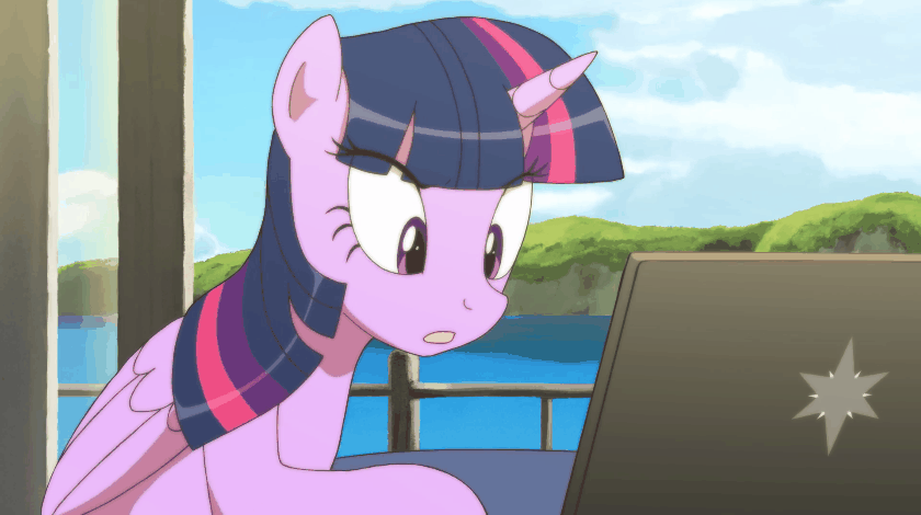 Size: 840x470 | Tagged: safe, artist:deannart, character:twilight sparkle, character:twilight sparkle (alicorn), species:alicorn, species:pony, animated, chair, computer, cute, eyes closed, female, frame by frame, frown, laptop computer, leaning, mare, meme, parody, ponified meme, reaction image, sitting, smiling, solo, twiabetes