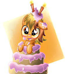 Size: 888x1000 | Tagged: safe, artist:ruhisu, oc, oc only, oc:brave wing, species:pony, birthday, blushing, cake, candle, colt, cute, dirty, foal, happy, male, ocbetes, pop out cake, smiling, solo
