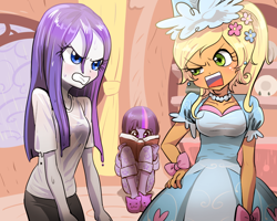 Size: 1000x800 | Tagged: safe, artist:quizia, character:applejack, character:rarity, character:twilight sparkle, episode:look before you sleep, g4, my little pony: friendship is magic, my little pony:equestria girls, alternate hairstyle, angry, book, bra, clothing, dress, equestria girls interpretation, female, froufrou glittery lacy outfit, hand on hip, hennin, jewelry, necklace, purple underwear, reading, scene interpretation, see-through, slippers, trio, underwear, wet, wet hair, wet hairity, wet shirt