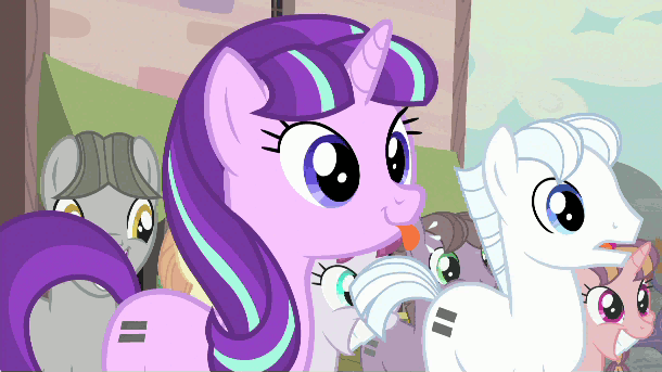 Size: 610x343 | Tagged: safe, artist:superedit, edit, edited screencap, screencap, character:double diamond, character:starlight glimmer, species:earth pony, species:pony, species:unicorn, episode:the cutie map, g4, my little pony: friendship is magic, animated, blep, blep edit, blinking, cute, equal cutie mark, female, frown, glimmerbetes, male, mare, open mouth, our town, raspberry, silly, smiling, stallion, tongue out