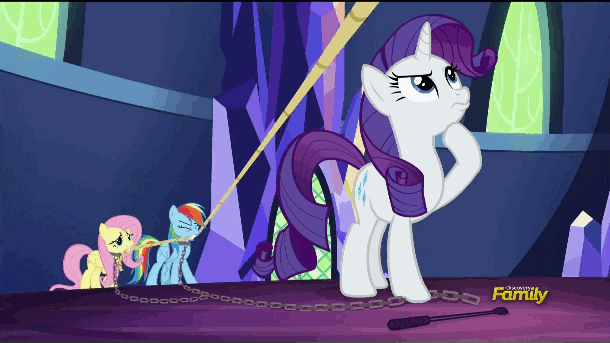 Size: 610x343 | Tagged: safe, artist:superedit, edit, screencap, character:fluttershy, character:rainbow dash, character:rarity, episode:castle sweet castle, g4, my little pony: friendship is magic, animated, chains, glorious master race, riding crop, slavery, unicorn master race