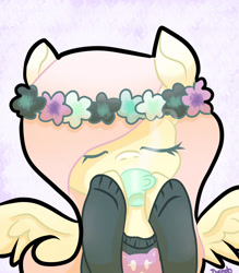 Size: 1024x1170 | Tagged: safe, artist:tuxisthename, character:fluttershy, clothing, cup, cute, eyes closed, floral head wreath, pastel, shyabetes, solo, sweater, sweatershy