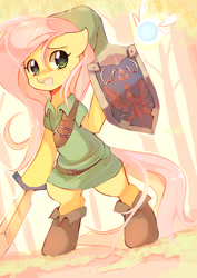 Size: 2975x4200 | Tagged: safe, artist:pekou, character:fluttershy, species:pegasus, species:pony, absurd resolution, bipedal, clothing, crossover, cute, fairy, female, hat, hylian shield, link, mare, navi, nintendo, shield, shyabetes, solo, sword, the legend of zelda, tunic, video game, weapon