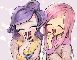 Size: 900x700 | Tagged: safe, artist:quizia, character:fluttershy, character:rarity, species:human, bathrobe, blushing, cleavage, clothing, cute, dohoho, duo, eyelashes, eyes closed, female, humanized, laughing, laughingmares.jpg, noblewoman's laugh, raribetes, robe, shyabetes, smiling