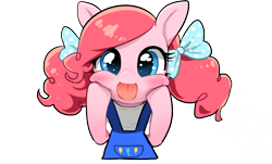 Size: 1254x758 | Tagged: safe, artist:quizia, character:pinkie pie, species:earth pony, species:pony, alternate hairstyle, blushing, bust, clothing, cute, diapinkes, female, hooves on cheeks, looking at you, overalls, pigtails, quizia is trying to murder us, simple background, smiling, solo, squishy cheeks, tongue out, transparent background