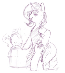 Size: 540x604 | Tagged: safe, artist:ende26, character:spike, character:sunset shimmer, species:pony, species:unicorn, ship:sunsetspike, clothing, dress, female, male, monochrome, piano, shipping, sketch, straight