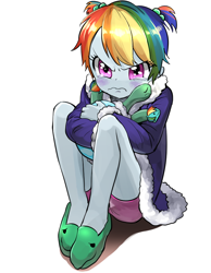 Size: 700x900 | Tagged: safe, artist:quizia, character:rainbow dash, character:tank, episode:tanks for the memories, g4, my little pony: friendship is magic, my little pony:equestria girls, alternate hairstyle, bathrobe, blushing, clothing, crying, cute, dashabetes, dashie slippers, eyes closed, female, frown, glare, hnnng, hug, looking at you, pigtails, quizia is trying to murder us, robe, sad, shorts, simple background, sitting, tank slippers, that was fast, wavy mouth, white background