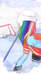 Size: 1069x1920 | Tagged: safe, artist:beaty, character:rainbow dash, character:tank, episode:tanks for the memories, g4, my little pony: friendship is magic, clothing, helmet, hockey stick, skates, sleeping