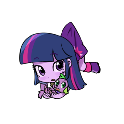 Size: 500x500 | Tagged: safe, artist:baekgup, character:spike, character:twilight sparkle, character:twilight sparkle (alicorn), species:alicorn, species:dog, my little pony:equestria girls, blushing, carrying, chibi, clothing, cute, looking at you, paper child, skirt, skirt lift, skirt pull, spikabetes, spike the dog, suspended, sweat, sweatdrop, twiabetes