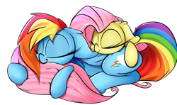 Size: 1280x759 | Tagged: safe, artist:madacon, character:fluttershy, character:rainbow dash, butt pillow, cute, duo, eyes closed, madacon is trying to murder us, prone, sleeping, smiling, tail pillow