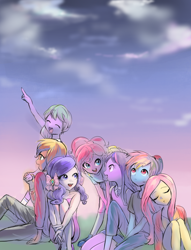 Size: 1300x1700 | Tagged: safe, artist:quizia, character:applejack, character:fluttershy, character:pinkie pie, character:rainbow dash, character:rarity, character:spike, character:twilight sparkle, my little pony:equestria girls, alternate hairstyle, bow, clothing, dress, equestria girls-ified, female, hair bow, human spike, male, mane seven, mane six, ponytail