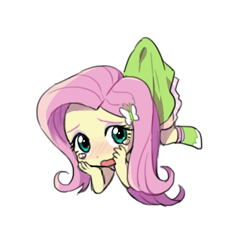 Size: 500x500 | Tagged: safe, artist:baekgup, character:fluttershy, my little pony:equestria girls, blushing, chibi, clothing, crying, cute, female, paper child, scared, shyabetes, skirt, skirt lift, skirt pull, solo, suspended