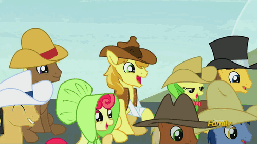 Size: 500x281 | Tagged: safe, artist:superedit, edit, edited screencap, screencap, character:apple bumpkin, character:apple fritter, character:blues, character:braeburn, character:caramel, character:cherry cola, character:coco crusoe, character:meadow song, character:noteworthy, character:twilight sparkle, species:pony, episode:appleoosa's most wanted, g4, my little pony: friendship is magic, animated, apple family member, faec, gif, hayburn, twiface, wrong neighborhood
