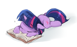 Size: 509x311 | Tagged: dead source, safe, artist:baekgup, character:twilight sparkle, character:twilight sparkle (unicorn), species:pony, species:unicorn, adorkable, book, cute, dork, eyes closed, female, mare, simple background, sleeping, solo, that pony sure does love books, twiabetes, white background