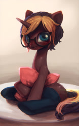 Size: 601x961 | Tagged: safe, artist:frali, oc, oc only, species:pony, species:unicorn, blushing, chocolate, chocolate pony, food pony, glasses, looking at you, original species, pillow, plate, shiny, sitting, smiling