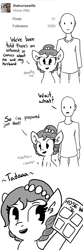 Size: 600x1800 | Tagged: safe, artist:tjpones, oc, oc only, oc:brownie bun, oc:richard, species:earth pony, species:human, species:pony, horse wife, bust, comic, dialogue, ear fluff, female, grayscale, hoof hold, human male, male, mare, monochrome, onomatopoeia, simple background, tumblr, white background