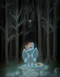 Size: 3400x4400 | Tagged: safe, artist:sevenowait, character:rainbow dash, creepypasta, forest, grin, hair over one eye, looking at you, sitting, slenderman, slenderpony, smirk