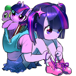 Size: 800x800 | Tagged: safe, artist:quizia, character:spike, character:twilight sparkle, my little pony:equestria girls, backpack, book, clothing, cute, filly, human ponidox, pigtails, pleated skirt, plushie, quizia is trying to murder us, shoes, simple background, sitting, skirt, socks, twiabetes, tying shoes, weapons-grade cute, white background, younger