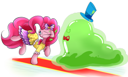 Size: 2800x1694 | Tagged: safe, artist:madacon, character:pinkie pie, character:smooze, episode:make new friends but keep discord, g4, my little pony: friendship is magic, :3, balancing, bow, bow tie, clothing, dancing, dress, floppy ears, gala dress, hair bow, ooze, raised hoof, smiling, wink