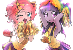 Size: 1300x900 | Tagged: safe, artist:quizia, character:pinkie pie, character:twilight sparkle, character:twilight sparkle (alicorn), species:alicorn, episode:rainbow falls, g4, my little pony: friendship is magic, my little pony:equestria girls, :o, armpits, blushing, cheerleader, cheerleader pinkie, cheerleader sparkle, clothing, cute, diapinkes, female, light, looking at you, moe, one eye closed, open mouth, quizia is trying to murder us, simple background, skirt, smiling, twiabetes, white background, wink