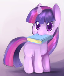 Size: 450x533 | Tagged: safe, artist:ende26, character:twilight sparkle, book, cute, filly, mouth hold, solo, twiabetes