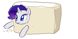 Size: 1000x500 | Tagged: safe, artist:pan, character:rarity, species:pony, species:unicorn, cute, food, frown, raribetes, raritofu, simple background, solo, stuck, tofu (food), wat, white background