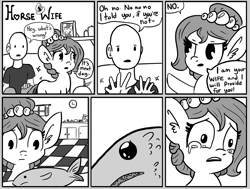 Size: 960x724 | Tagged: safe, artist:tjpones, oc, oc only, oc:brownie bun, oc:richard, species:earth pony, species:human, species:pony, horse wife, episode:slice of life, g4, my little pony: friendship is magic, ask, comic, crying, cute, cutemail, ear fluff, female, fish, grayscale, grimderp, human male, male, mare, monochrome, sad, sadorable, teary eyes, tumblr