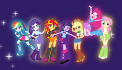 Size: 816x468 | Tagged: safe, artist:baekgup, character:applejack, character:fluttershy, character:pinkie pie, character:rainbow dash, character:rarity, character:sunset shimmer, character:twilight sparkle, character:twilight sparkle (alicorn), species:alicorn, my little pony:equestria girls, balloon, beautiful, boots, bracelet, clothing, cowboy hat, dhx media, glow, hand on head, happy, hasbro, hasbro studios, hat, high heel boots, humane seven, intro, jewelry, jumping, looking at you, mane six, open mouth, opening, opening credits, opening theme, silhouette six-seven, skirt, smiling, wildbrain