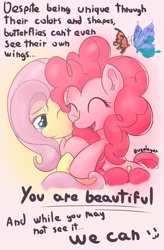Size: 2500x3800 | Tagged: safe, artist:bugplayer, character:fluttershy, character:pinkie pie, species:earth pony, species:pegasus, species:pony, butterfly, duo, duo female, female, hug, mare, positive ponies