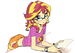 Size: 700x500 | Tagged: dead source, safe, artist:baekgup, character:sunset shimmer, species:human, equestria girls:rainbow rocks, g4, my little pony:equestria girls, :o, ass, butt, clothing, cute, denim shorts, female, glasses, hnnng, humanized, leaning, leaning on table, looking at you, midriff, pen, rearing, sexy, shimmerbetes, shirt, shorts, simple background, solo, sultry pose, t-shirt, watch, white background, wristwatch