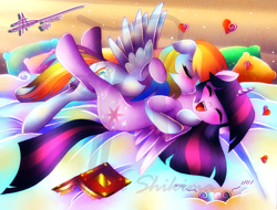 Size: 1200x912 | Tagged: safe, artist:shikimaakemi, character:rainbow dash, character:twilight sparkle, character:twilight sparkle (alicorn), species:alicorn, species:pegasus, species:pony, ship:twidash, g4, backwards cutie mark, book, cute, dashabetes, eyes closed, female, floppy ears, heart, kissing, lesbian, mare, open mouth, open smile, pillow, shipping, signature, smiling, twiabetes, watermark, wingboner