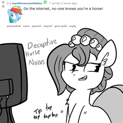 Size: 726x726 | Tagged: safe, artist:tjpones, character:rainbow dash, oc, oc:brownie bun, horse wife, computer, descriptive noise, horse noises, meme, monochrome, not what it looks like, on the internet nobody knows you're a dog, onomatopoeia, reddit, tapping, typing