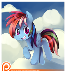 Size: 763x844 | Tagged: safe, artist:ende26, character:rainbow dash, backwards cutie mark, cloud, cloudy, open mouth, patreon, raised hoof, solo