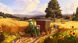 Size: 5400x3000 | Tagged: safe, artist:devinian, character:fiddlesticks, oc, oc:ever steady, species:earth pony, species:pony, absurd resolution, apple family member, au:eqcl, bee, clothing, cloud, detailed, dirt, dirt road, female, field, flower, grass, guitar case, hat, house, looking down, male, mare, mountain, scenery, scenery porn, stallion, sunflower, town, tree, unshorn fetlocks, wagon, walking, wheat