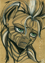 Size: 1732x2439 | Tagged: safe, artist:arainmorn, oc, oc only, oc:xenith, species:pony, species:zebra, fallout equestria, bust, fanfic, fanfic art, female, mare, portrait, solo, text, traditional art
