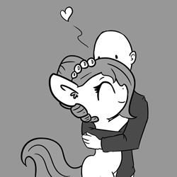 Size: 650x650 | Tagged: safe, artist:tjpones, oc, oc only, oc:brownie bun, oc:richard, species:earth pony, species:human, species:pony, horse wife, cute, ear fluff, eyes closed, female, gray background, grayscale, heart, hug, human male, male, mare, monochrome, simple background
