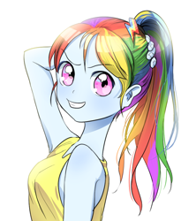 Size: 800x900 | Tagged: safe, artist:quizia, character:rainbow dash, my little pony:equestria girls, alternate hairstyle, armpits, clothing, female, grin, hair ornament, looking at you, looking back, ponytail, shirt, simple background, smiling, smirk, solo, tank top, white background
