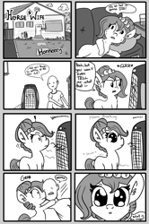 Size: 1280x1930 | Tagged: safe, artist:tjpones, oc, oc only, oc:brownie bun, oc:richard, species:earth pony, species:human, species:pony, horse wife, :o, air conditioner, are you a wizard, clothing, comic, dilated pupils, exclamation point, female, frown, heavy breathing, hot, human male, male, mare, monochrome, onomatopoeia, open mouth, shrunken pupils, sweat, tumblr, wide eyes