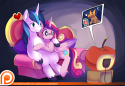 Size: 850x584 | Tagged: safe, artist:ende26, character:princess cadance, character:shining armor, ship:shiningcadance, couch, cuddling, cute, cutedance, female, frown, gritted teeth, hug, male, missing accessory, patreon, prone, scared, shipping, sitting, smiling, snuggling, straight, sweat, sweatdrop, television