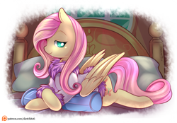 Size: 850x593 | Tagged: safe, artist:ende26, character:fluttershy, bathrobe, clothing, looking at you, patreon, prone, robe, smiling, solo