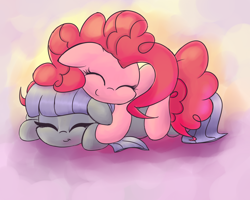 Size: 2000x1600 | Tagged: safe, artist:zapplebow, character:maud pie, character:pinkie pie, species:earth pony, species:pony, :t, cuddling, cute, diabetes, diapinkes, duo, eyes closed, female, filly, floppy ears, hug, maudabetes, on top, prone, sisters, sleeping, smiling, snuggling, weapons-grade cute, when she smiles, younger