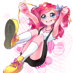 Size: 1100x1100 | Tagged: safe, artist:quizia, character:pinkie pie, my little pony:equestria girls, armpits, clothing, cute, diapinkes, female, quizia is trying to murder us, shoes, shorts, socks, solo, suspenders