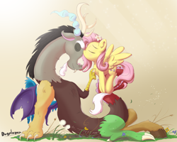 Size: 5000x4000 | Tagged: safe, artist:bugplayer, character:discord, character:fluttershy, species:draconequus, species:pegasus, species:pony, ship:discoshy, eyes closed, female, flower in hair, fluffy, kissing, male, mare, shipping, straight