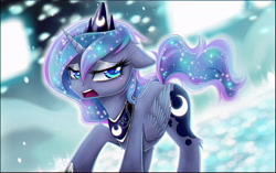 Size: 5320x3351 | Tagged: safe, artist:magnaluna, character:princess luna, species:alicorn, species:pony, abstract background, crown, crying, ethereal mane, female, filly, galaxy mane, jewelry, mare, open mouth, regalia, solo, woona