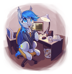 Size: 2361x2445 | Tagged: source needed, safe, artist:mav, oc, oc only, oc:paint splotch, species:bat pony, species:pony, business suit, chair, clothing, coffee, computer, cute, desk, lamp, office chair, solo, suit