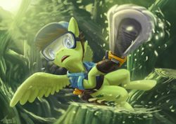 Size: 3508x2480 | Tagged: safe, artist:seer45, character:douglas spruce, character:evergreen, episode:princess spike, g4, my little pony: friendship is magic, chainsaw, flying, goggles, hoof hold, open mouth, solo, spread wings, tree, wings