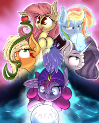 Size: 2500x3103 | Tagged: safe, artist:madacon, character:applejack, character:flutterbat, character:fluttershy, character:pinkie pie, character:rainbow dash, character:rarity, character:twilight sparkle, species:breezies, species:crystal pony, apple, aurora dash, breeziefied, clarity, crystallized, fortune teller, golem, mane six, miss pie's monsters, monster pony, original species, race swap, species swap, tatzljack, tatzlpony, tentacle tongue, tentacles, twilight breezie, windigo